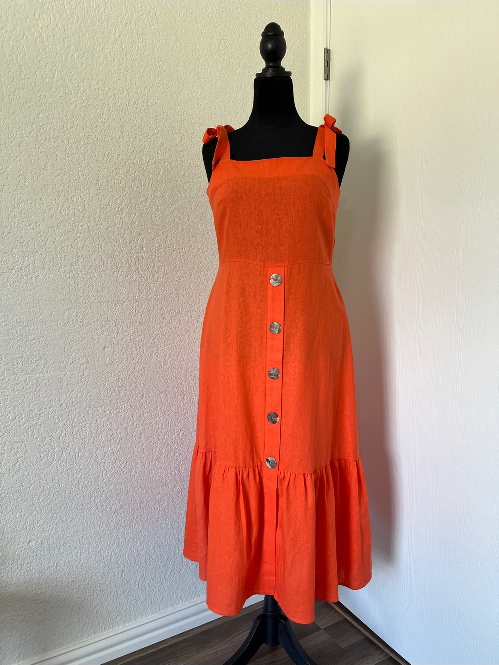 Emma & Michele Bright Orange Tie-Shoulder Button-Front Midi Dress